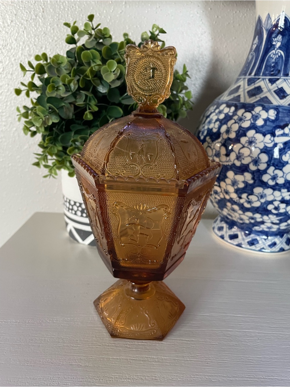 Vintage Imperial Glass Amber Zodiac Candy Dish Lidded Footed Jar Astrology